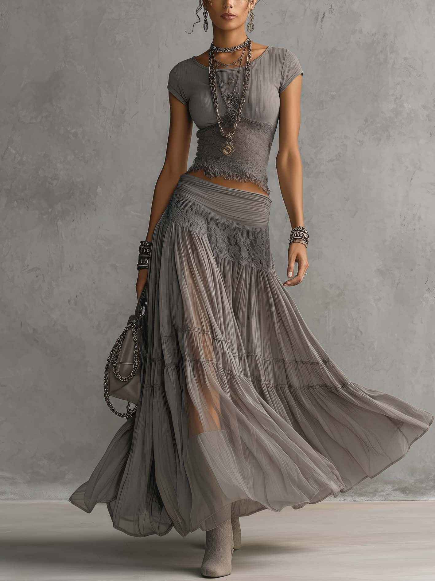 Elena Lace-Paneled Top and Pleated Maxi Skirt Set