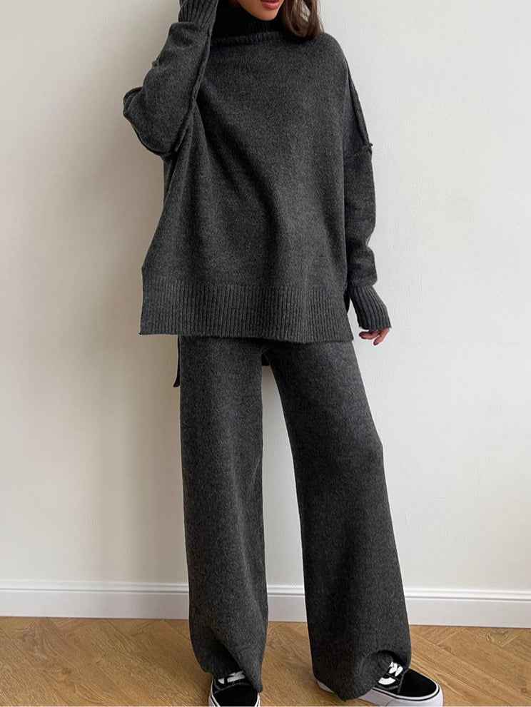 High-neck casual loose thick knit sweater set