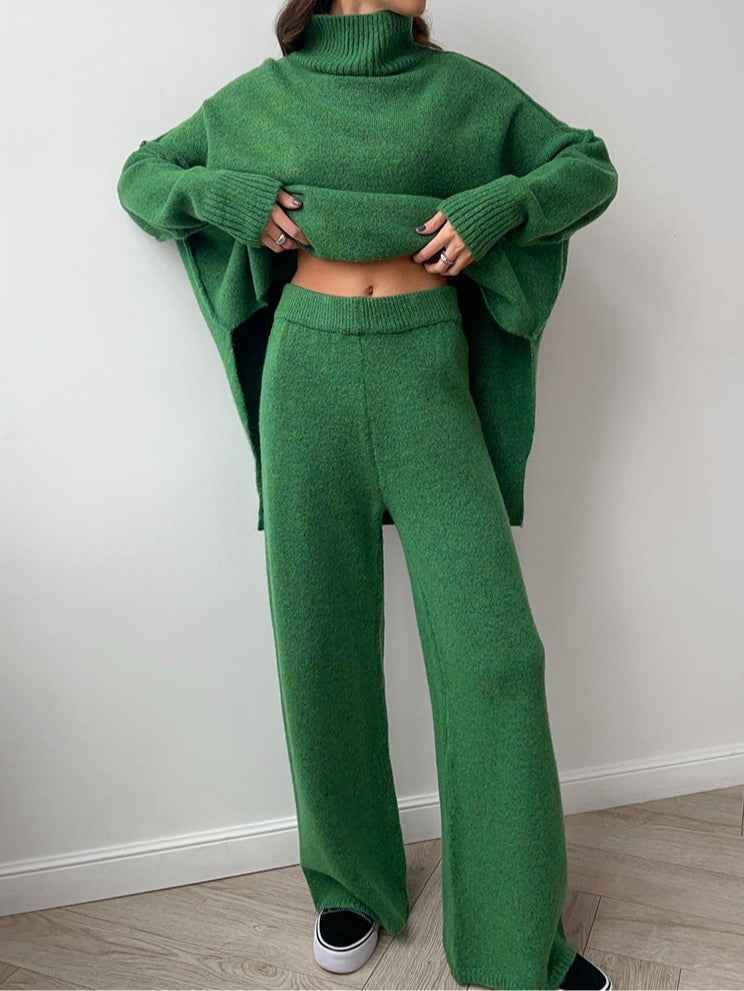 High-neck casual loose thick knit sweater set
