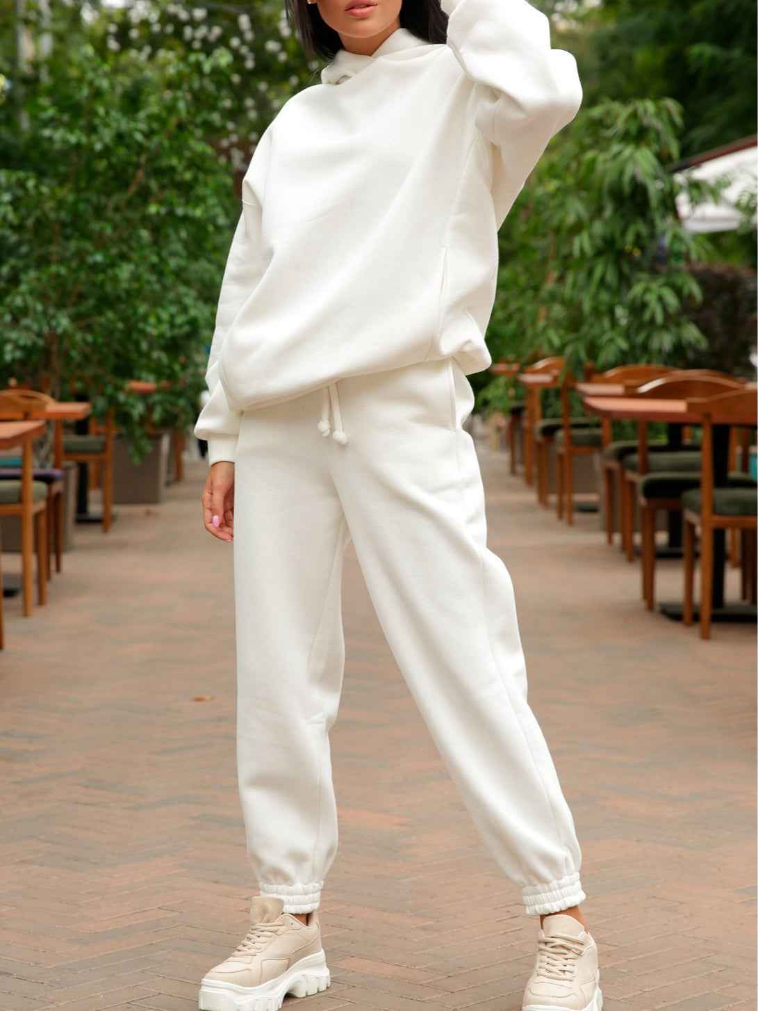 Fashionable solid color hooded sweatshirt casual two-piece suit