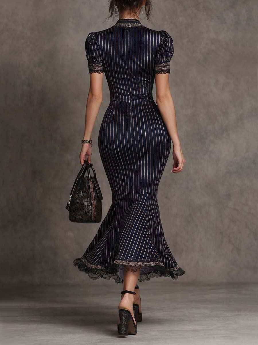 Timeless Vintage Pinstripe Lace-Trim Midi Kleid