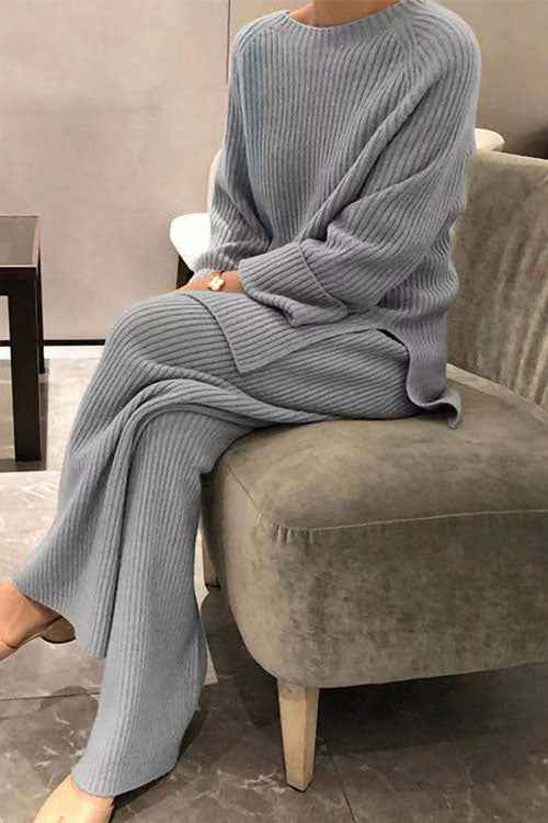 Kuscheliger einfarbiger Strickpullover mit Langarm – Zweiteiliges Casual-Set