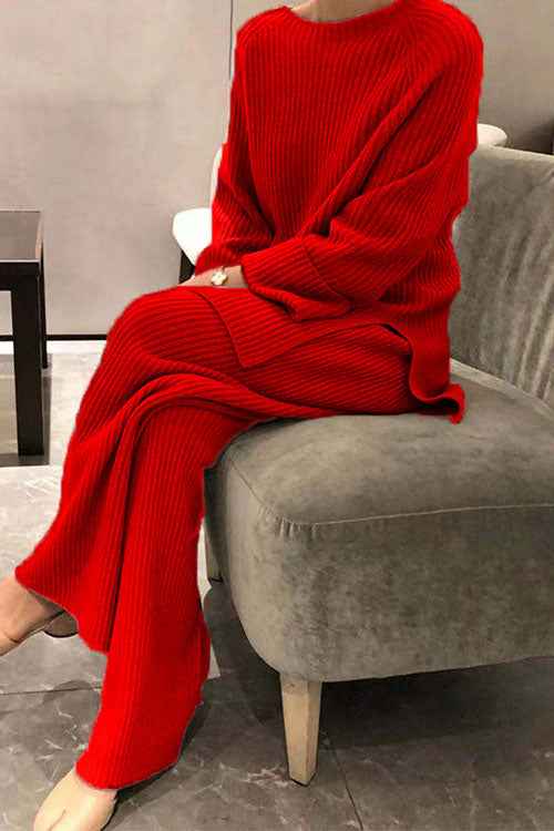 Kuscheliger einfarbiger Strickpullover mit Langarm – Zweiteiliges Casual-Set