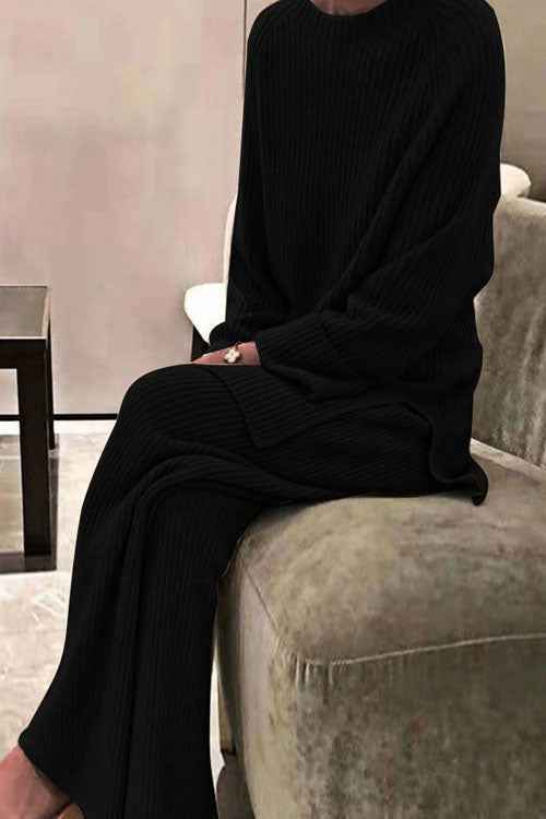 Kuscheliger einfarbiger Strickpullover mit Langarm – Zweiteiliges Casual-Set