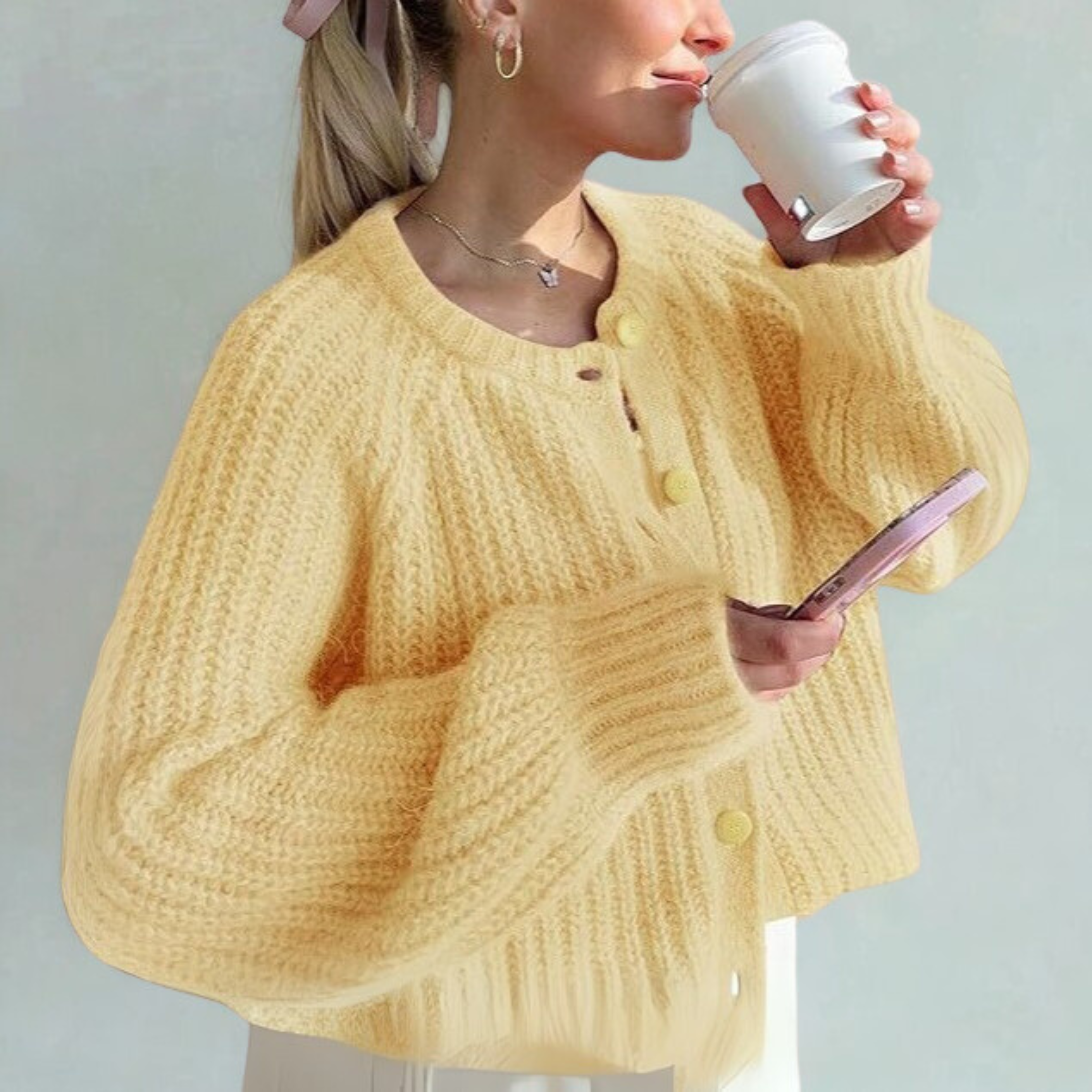 Cozy Classic Knopfleiste Langarm-Cardigan mit Rundhalsausschnitt Damen