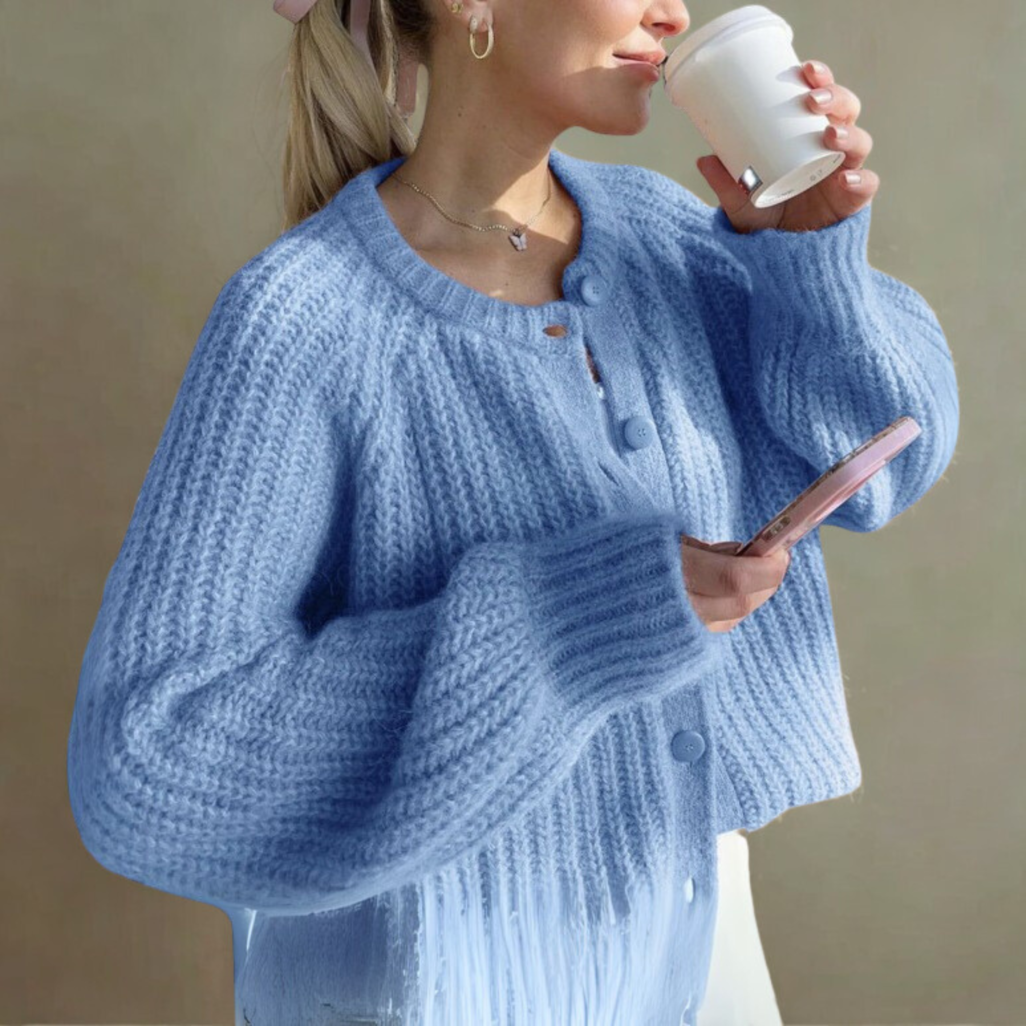 Cozy Classic Knopfleiste Langarm-Cardigan mit Rundhalsausschnitt Damen