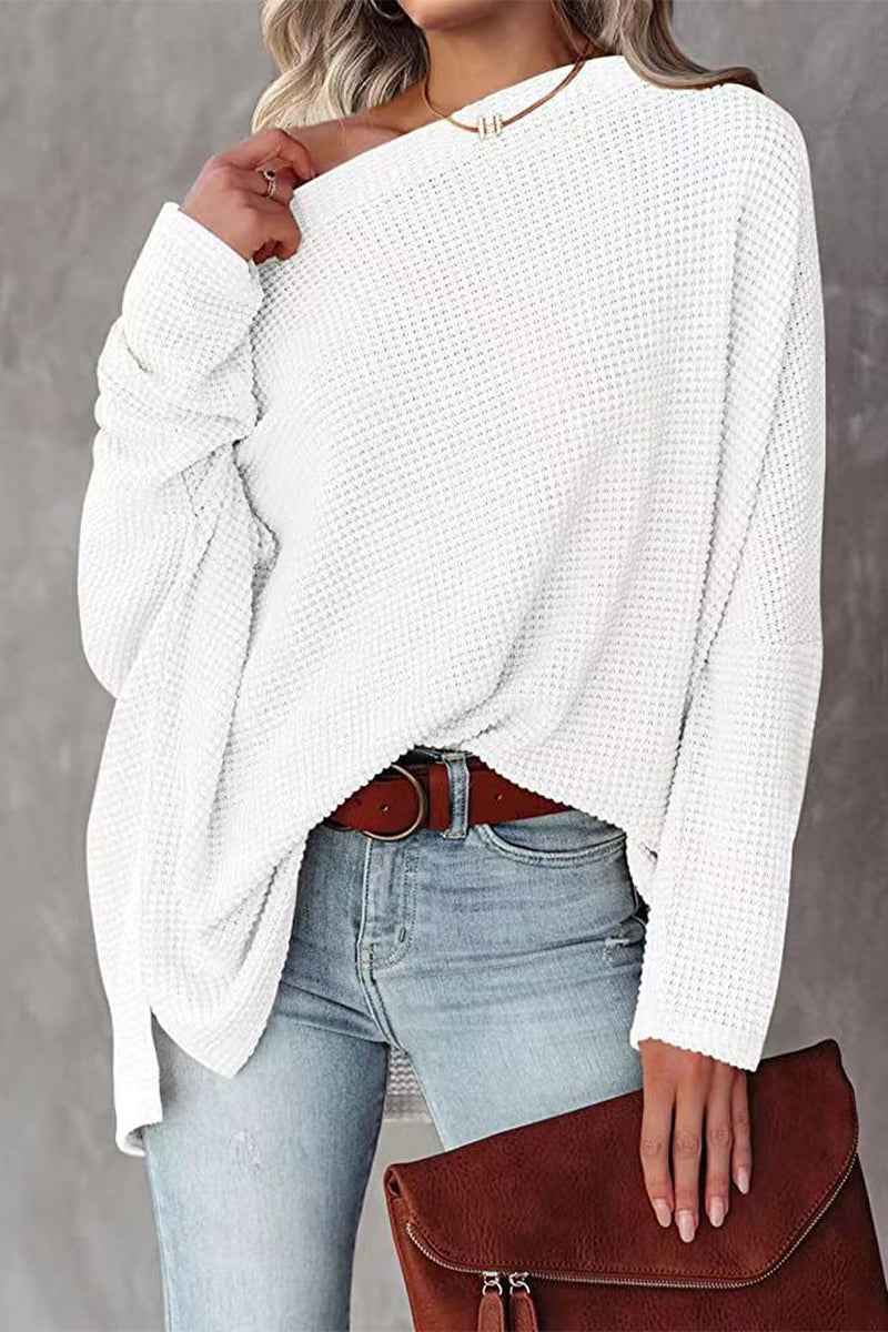 Stilvoller Damen-Off-Shoulder-Waffelstrick-Pullover für einen modernen Look