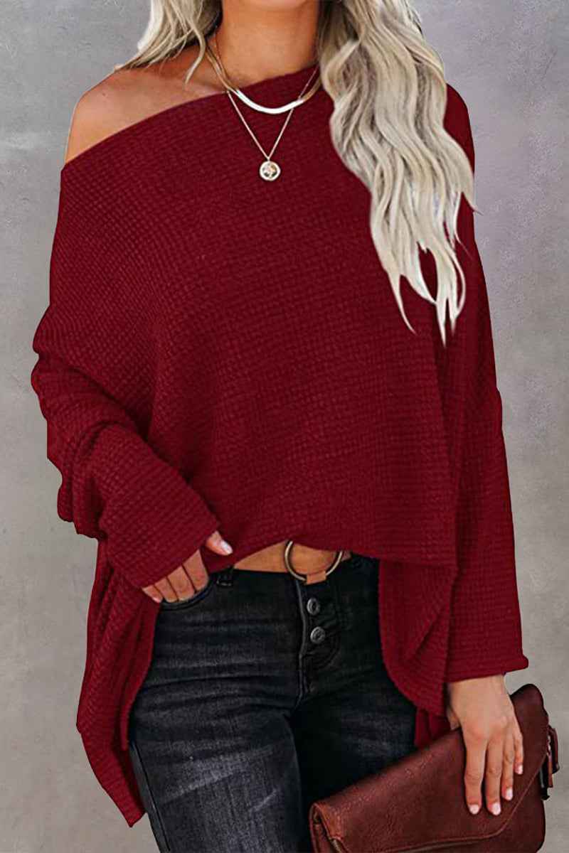 Stilvoller Damen-Off-Shoulder-Waffelstrick-Pullover für einen modernen Look