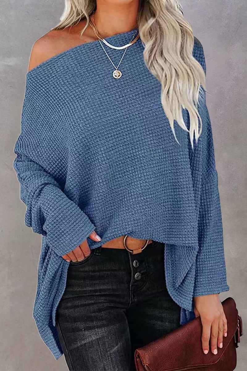 Stilvoller Damen-Off-Shoulder-Waffelstrick-Pullover für einen modernen Look