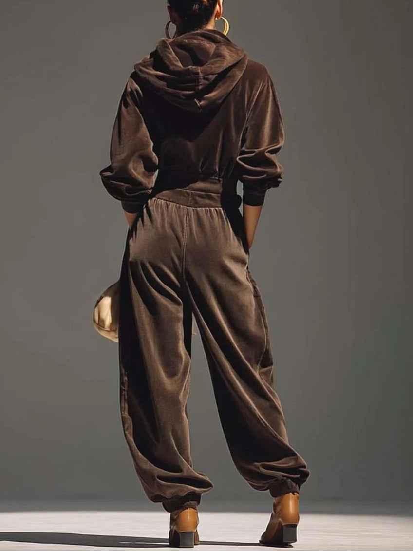 Vintage brown velvet hoodie and loose-fitting trousers set(Includes belt)