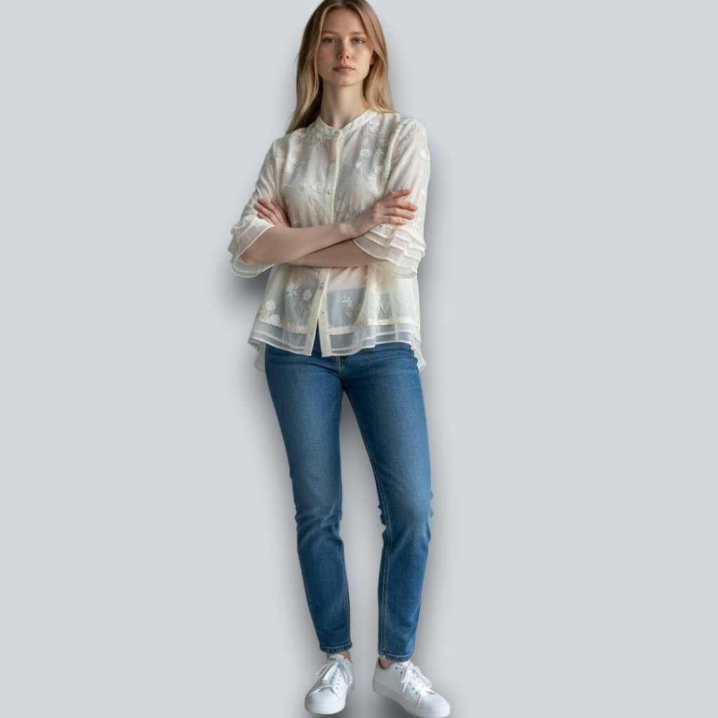 Damen Baumwolltop mit Blumenstickerei und lockerem Schnitt