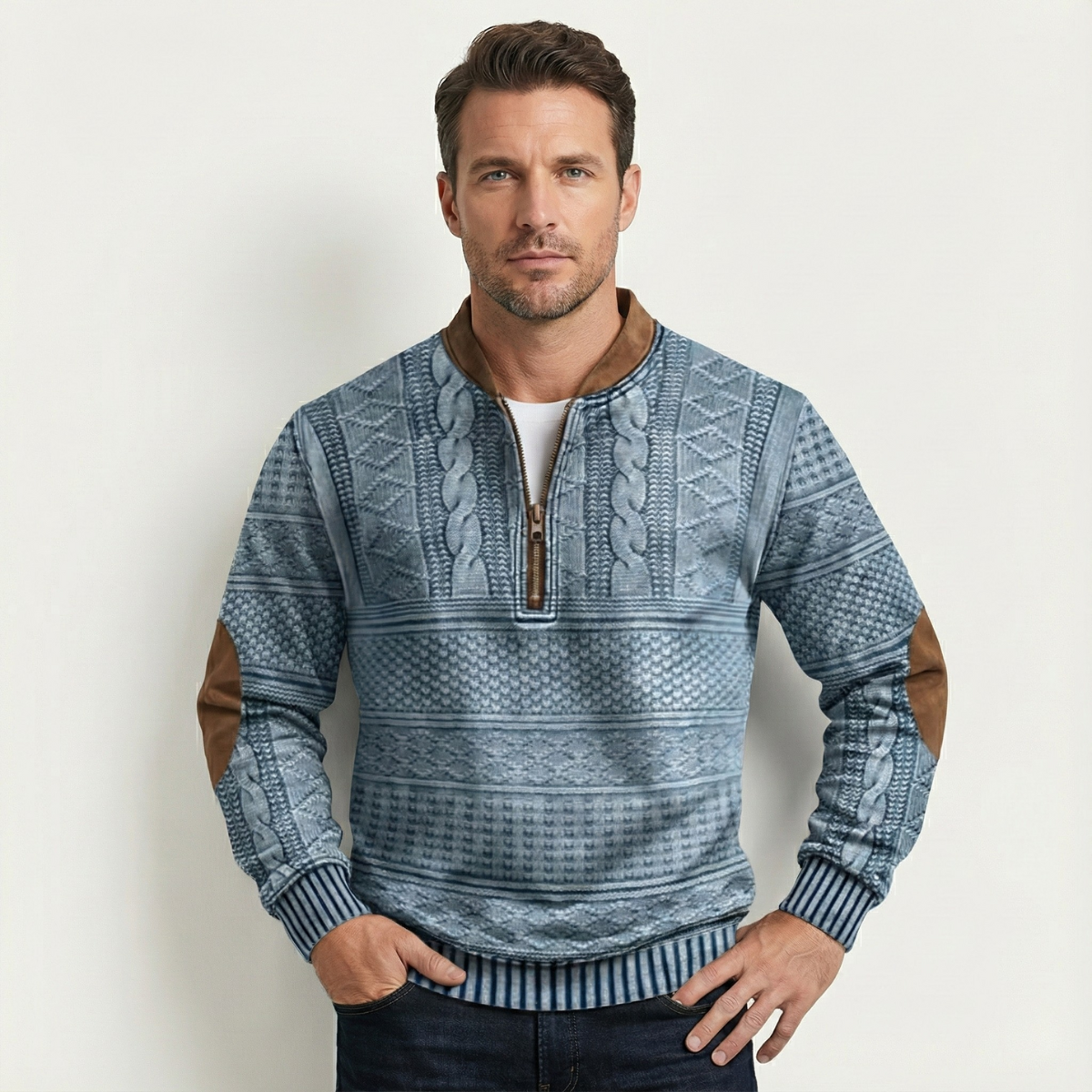 Siena Herrenpullover mit Halbreißverschluss, gemustert, mit Ellbogen-Patches