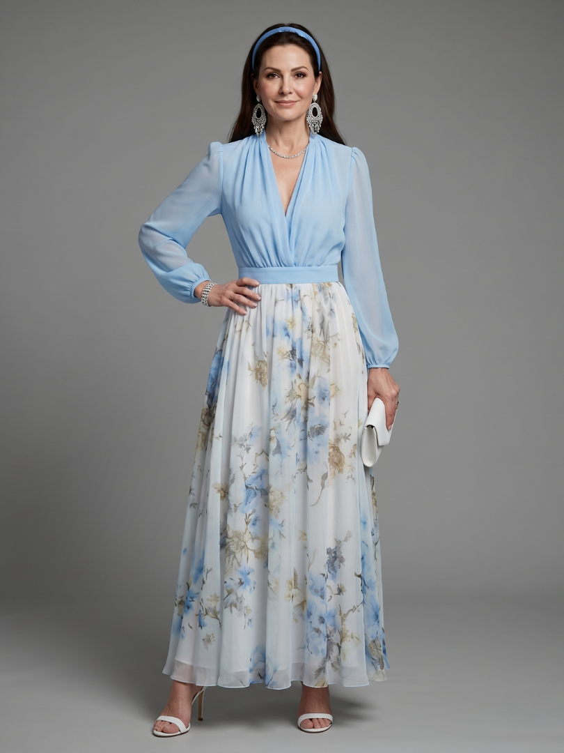 Augusta | Geblümtes Maxikleid mit V-Ausschnitt und durchsichtigem Oberteil
