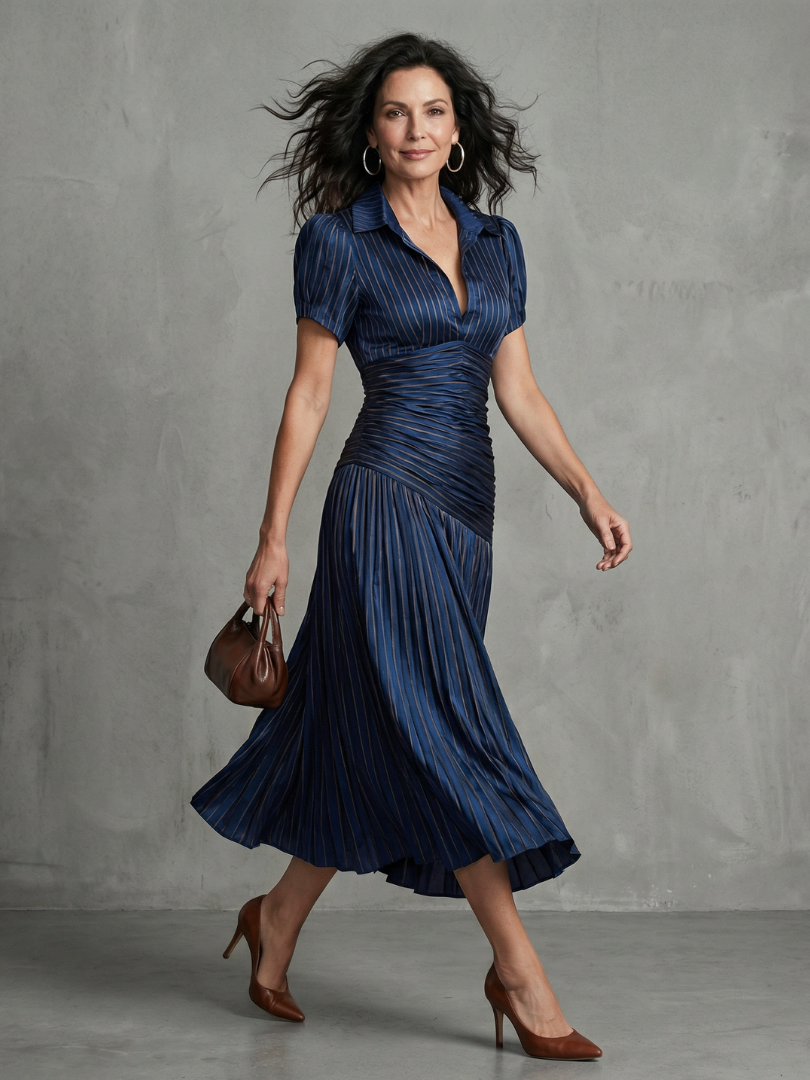 Theodora | Gestreiftes Midikleid mit plissierter Taille