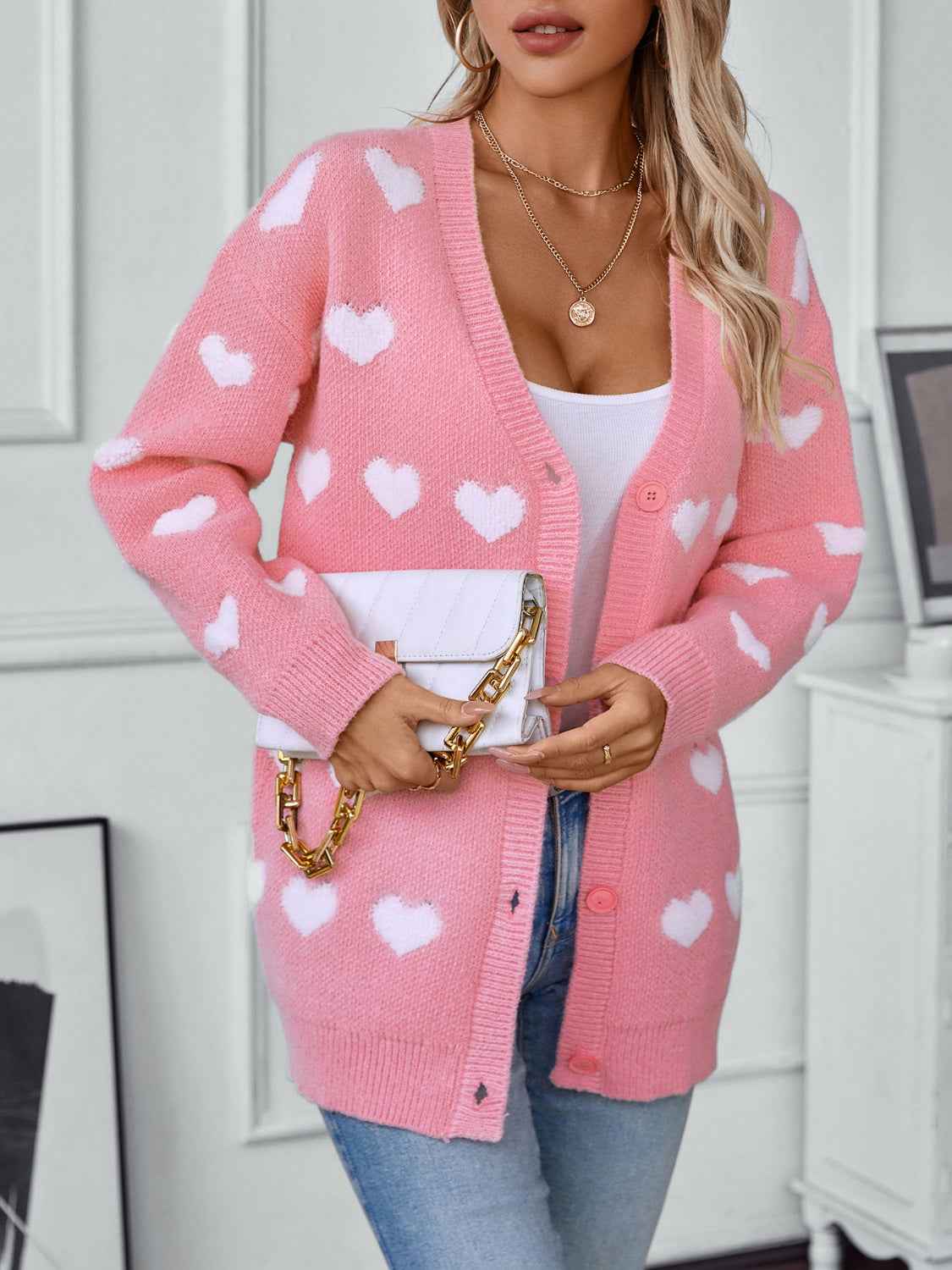 Herzbedruckte V-Ausschnitt-Strickjacke mit Knopfleiste und langen Ärmeln