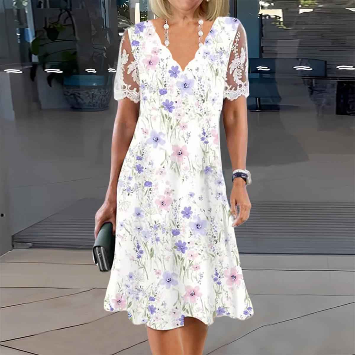 Edith | Geblümtes Midikleid mit Spitzenärmeln