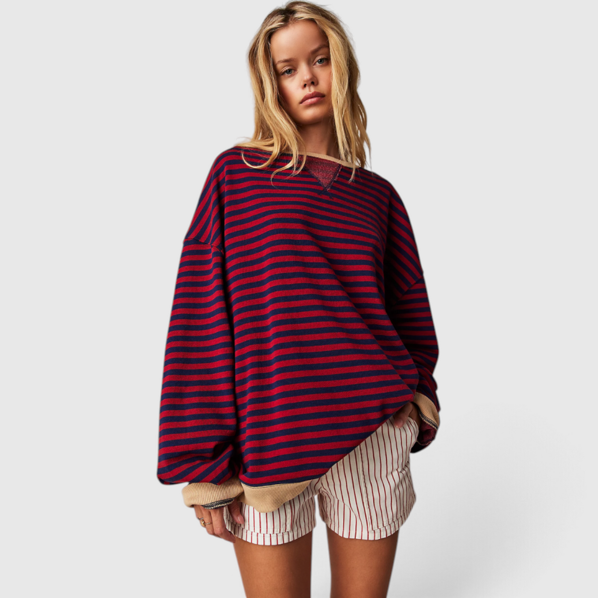 Damen Gestreifter Rundhals-Pullover - Casual Strick-Top