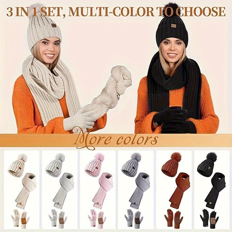 3-in-1 Winterset - Strickmütze, Schal und Touchscreen-Handschuhe