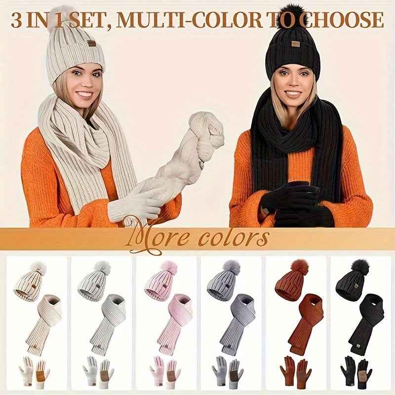 3-in-1 Winterset - Strickmütze, Schal und Touchscreen-Handschuhe