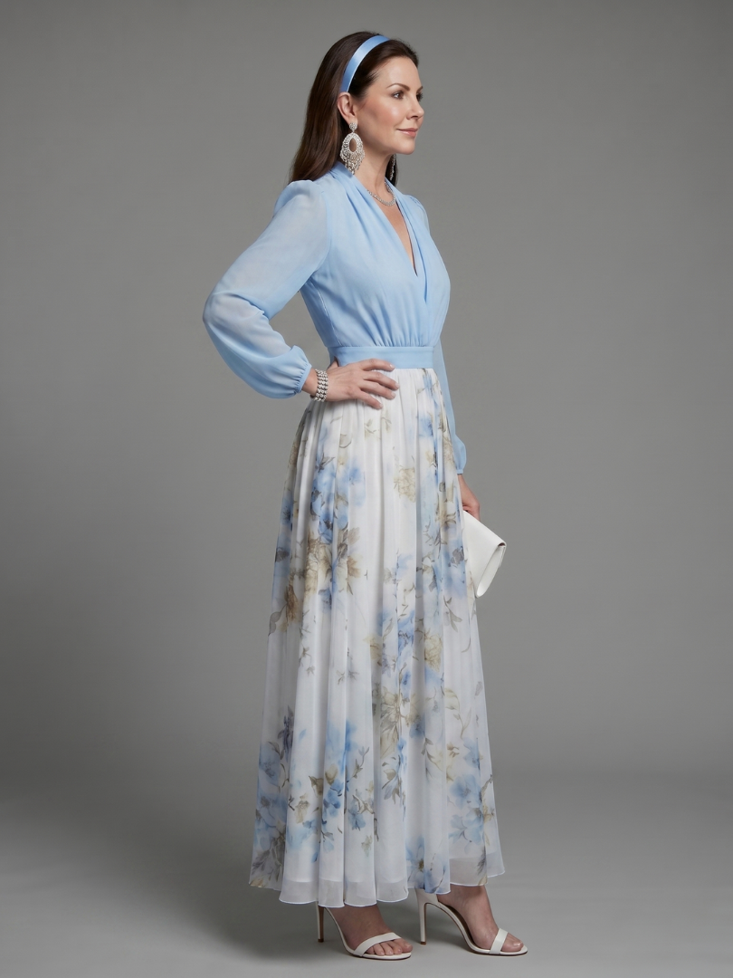 Augusta | Geblümtes Maxikleid mit V-Ausschnitt und durchsichtigem Oberteil