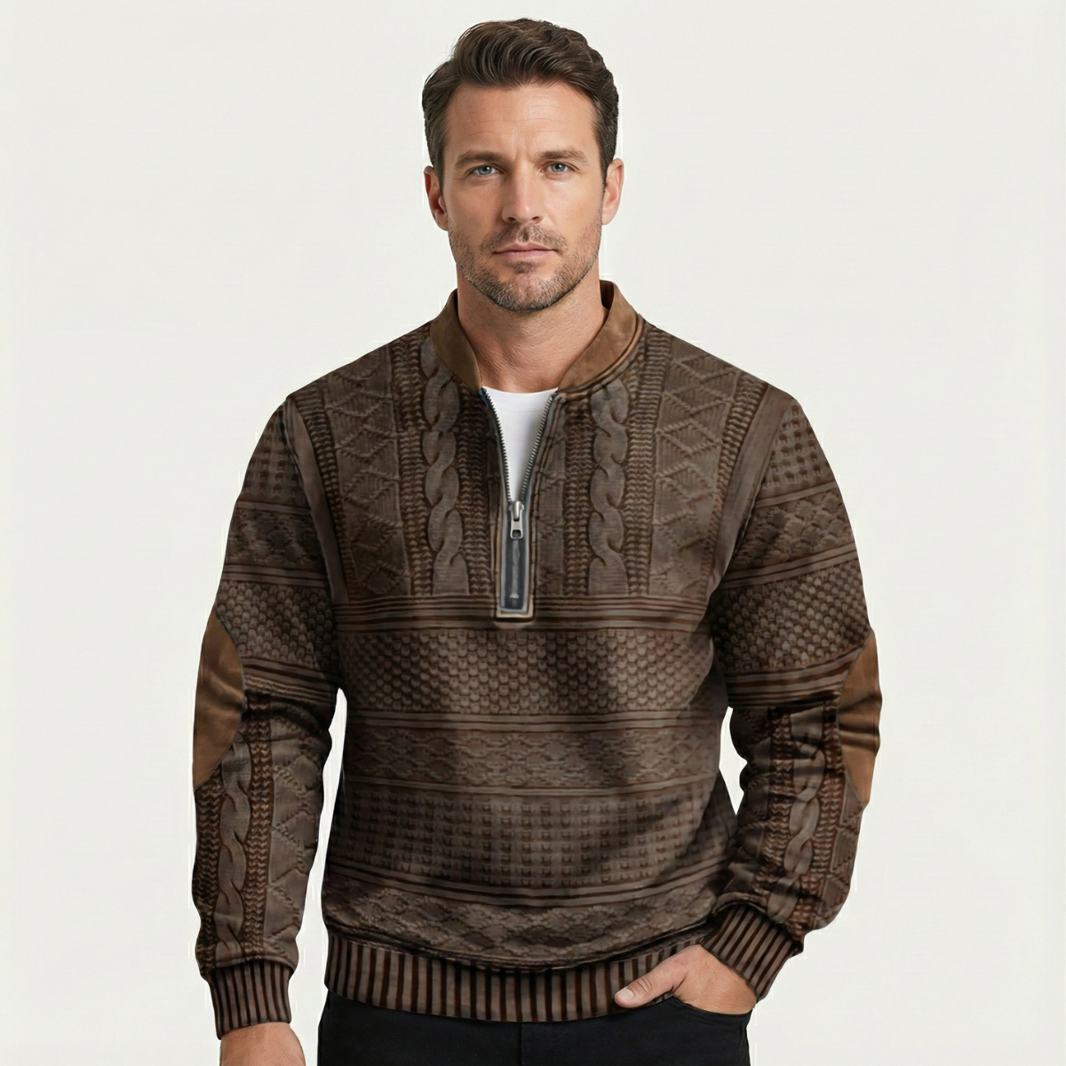 Siena Herrenpullover mit Halbreißverschluss, gemustert, mit Ellbogen-Patches