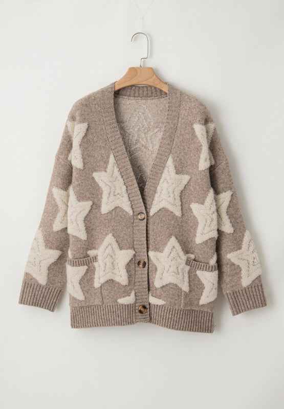 Kuscheliger Sherpa-Stern-V-Ausschnitt-Cardigan mit Fronttaschen