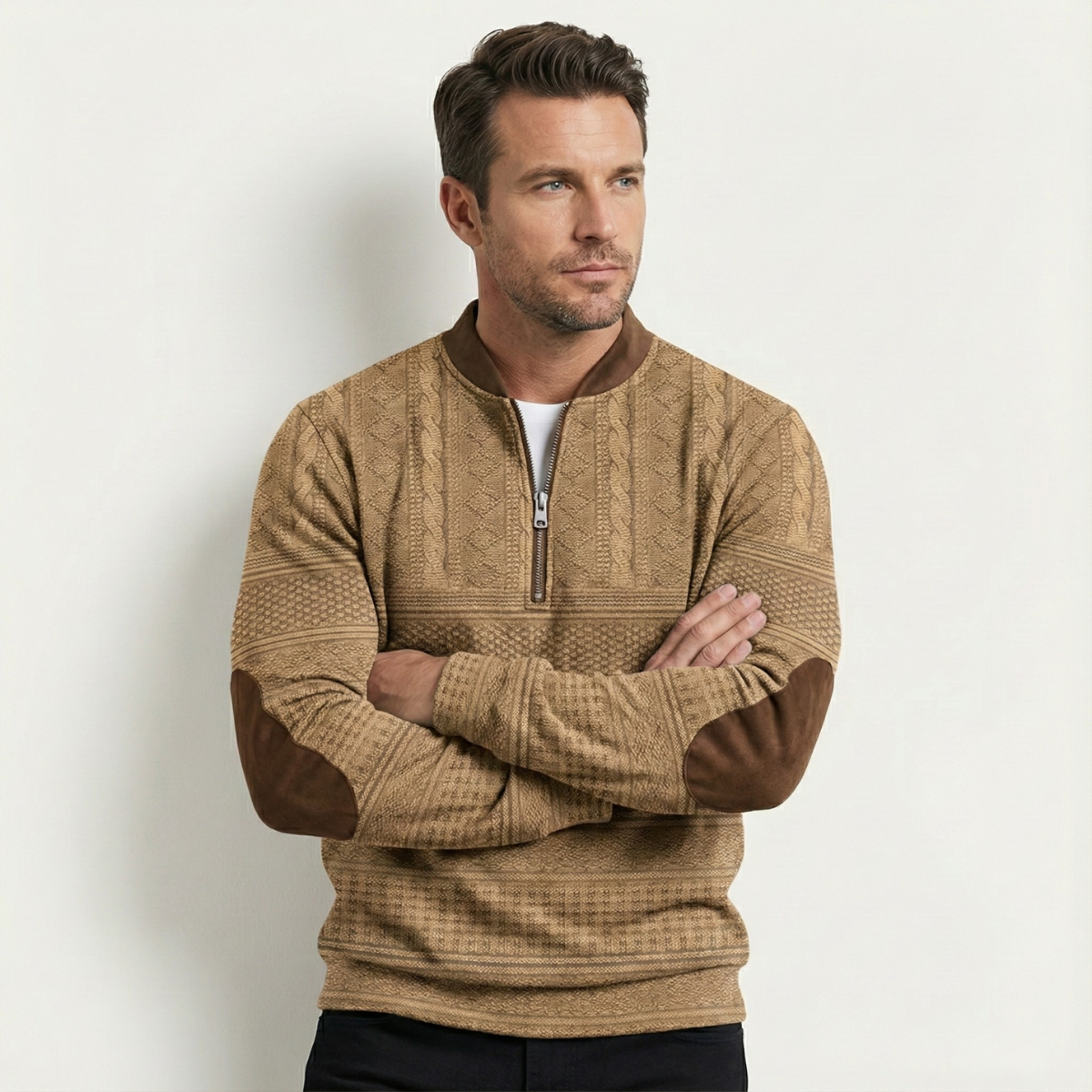 Siena Herrenpullover mit Halbreißverschluss, gemustert, mit Ellbogen-Patches