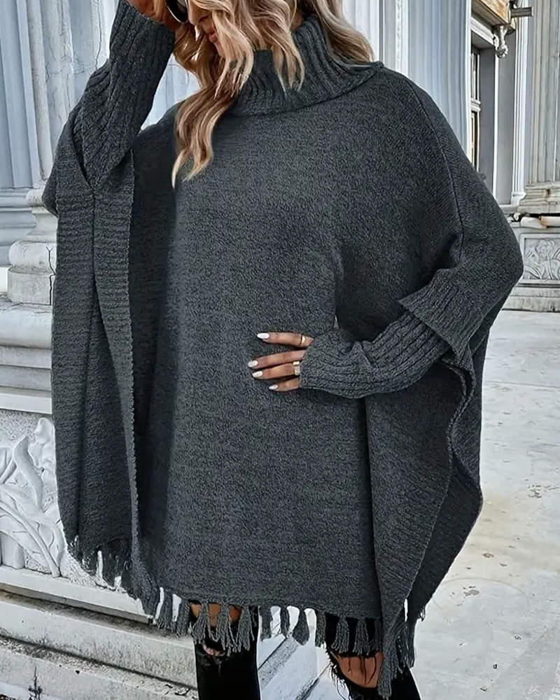 Turtleneck Batwing Sleeve Tassel Cardigan