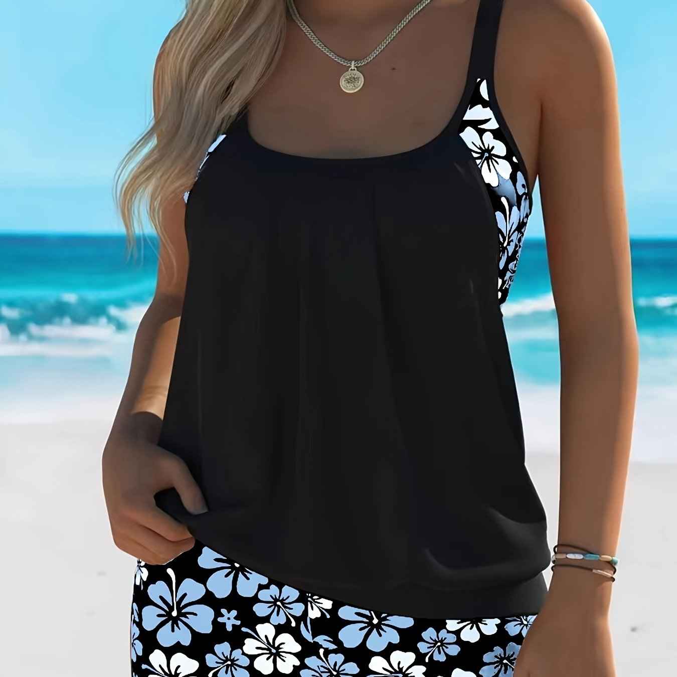 Isabella Tankini-Set mit blauem Blumenmuster – elegantes zweiteiliges Strand-Badeoutfit