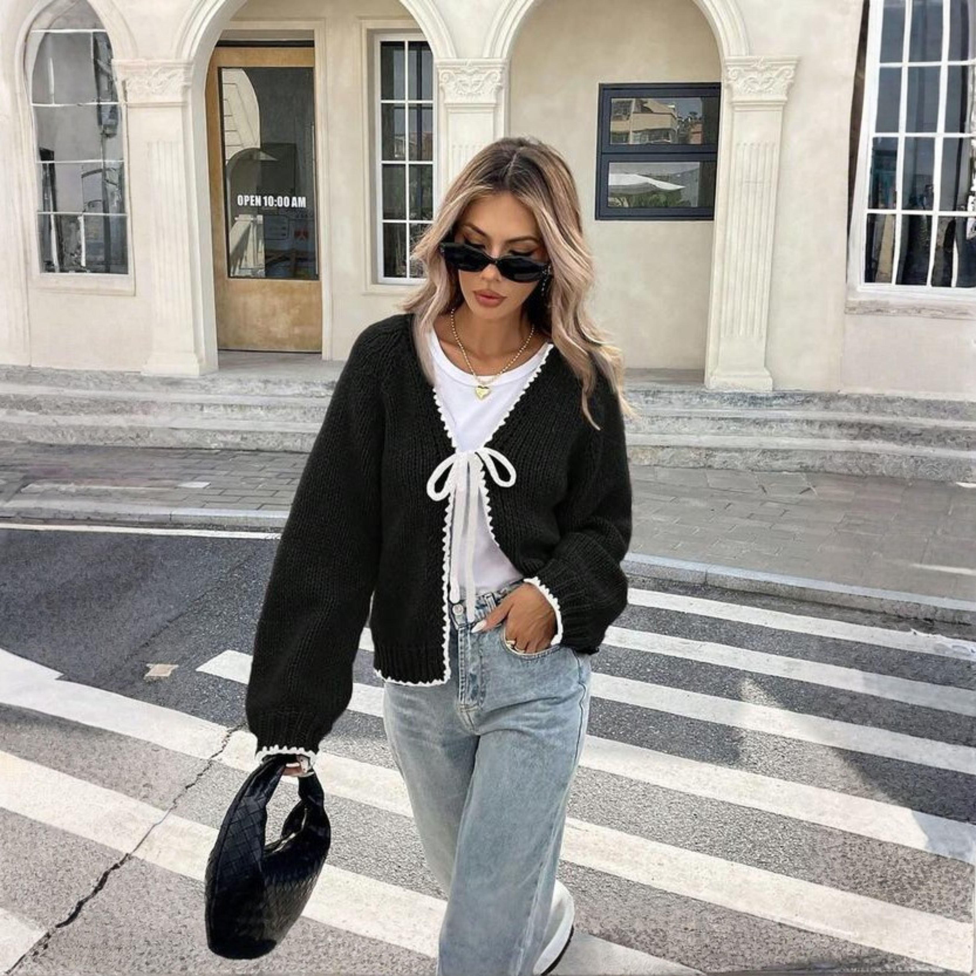 Kuschelige Strickjacke mit Bindeband vorne, Langarm