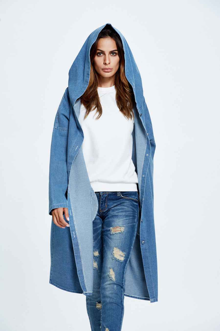 Maxi Denim Mantel mit Stilvollem Kapuzenpullover