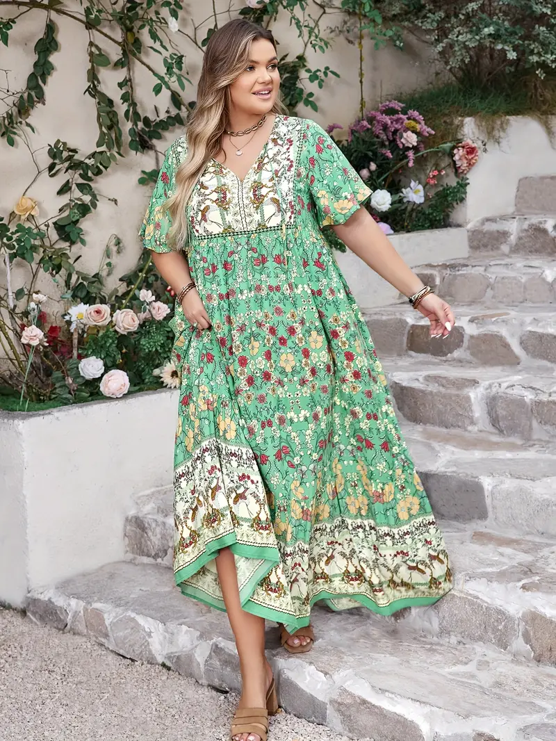 Plus-Size Boho-Blumen-Maxikleid – fließend, feminin und bequem