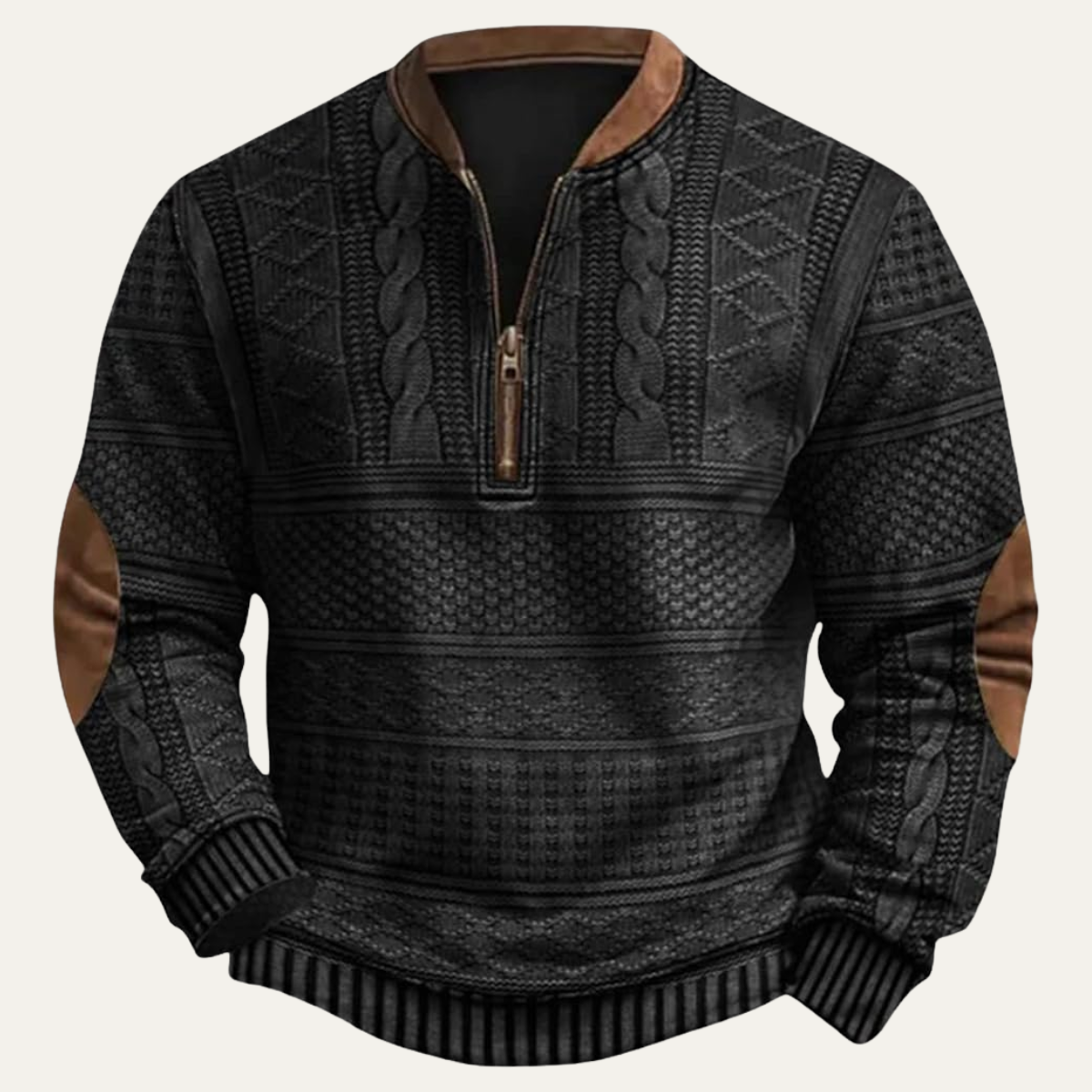Siena Herrenpullover mit Halbreißverschluss, gemustert, mit Ellbogen-Patches