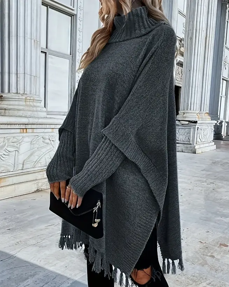 Turtleneck Batwing Sleeve Tassel Cardigan