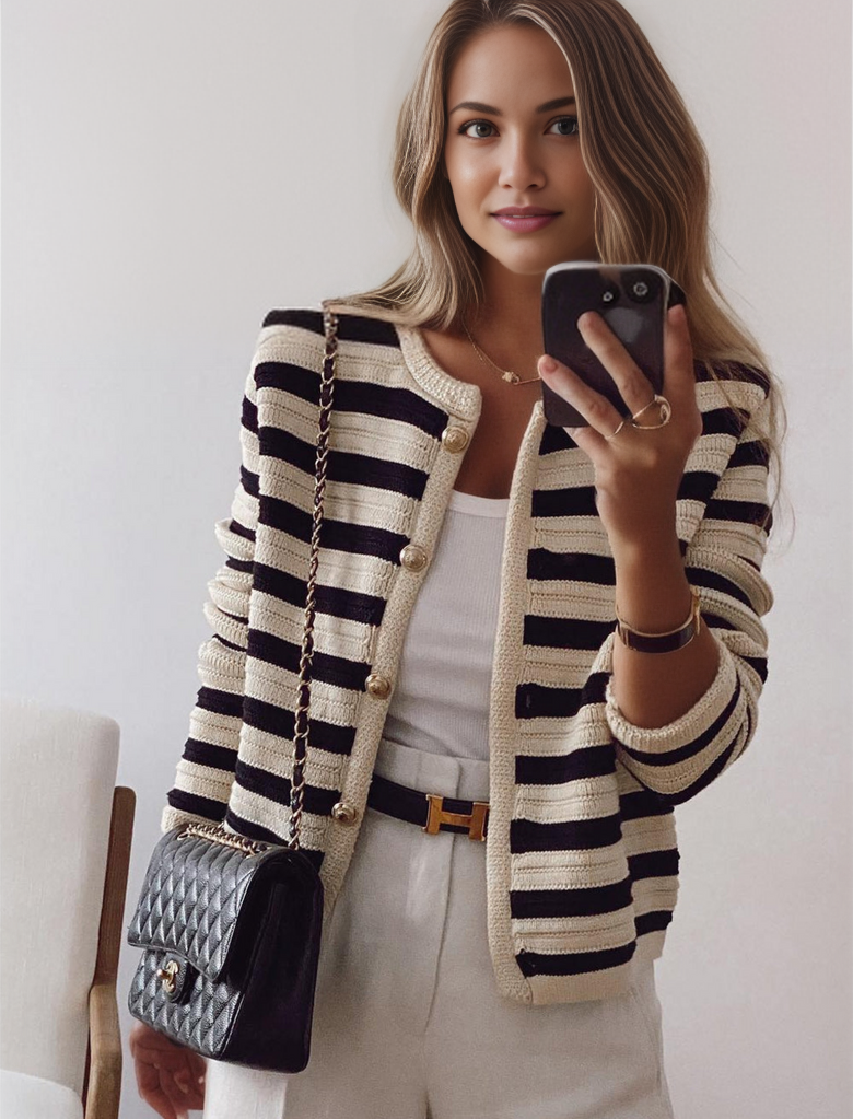 Mühelos klassischer gestreifter Strickcardigan Damen