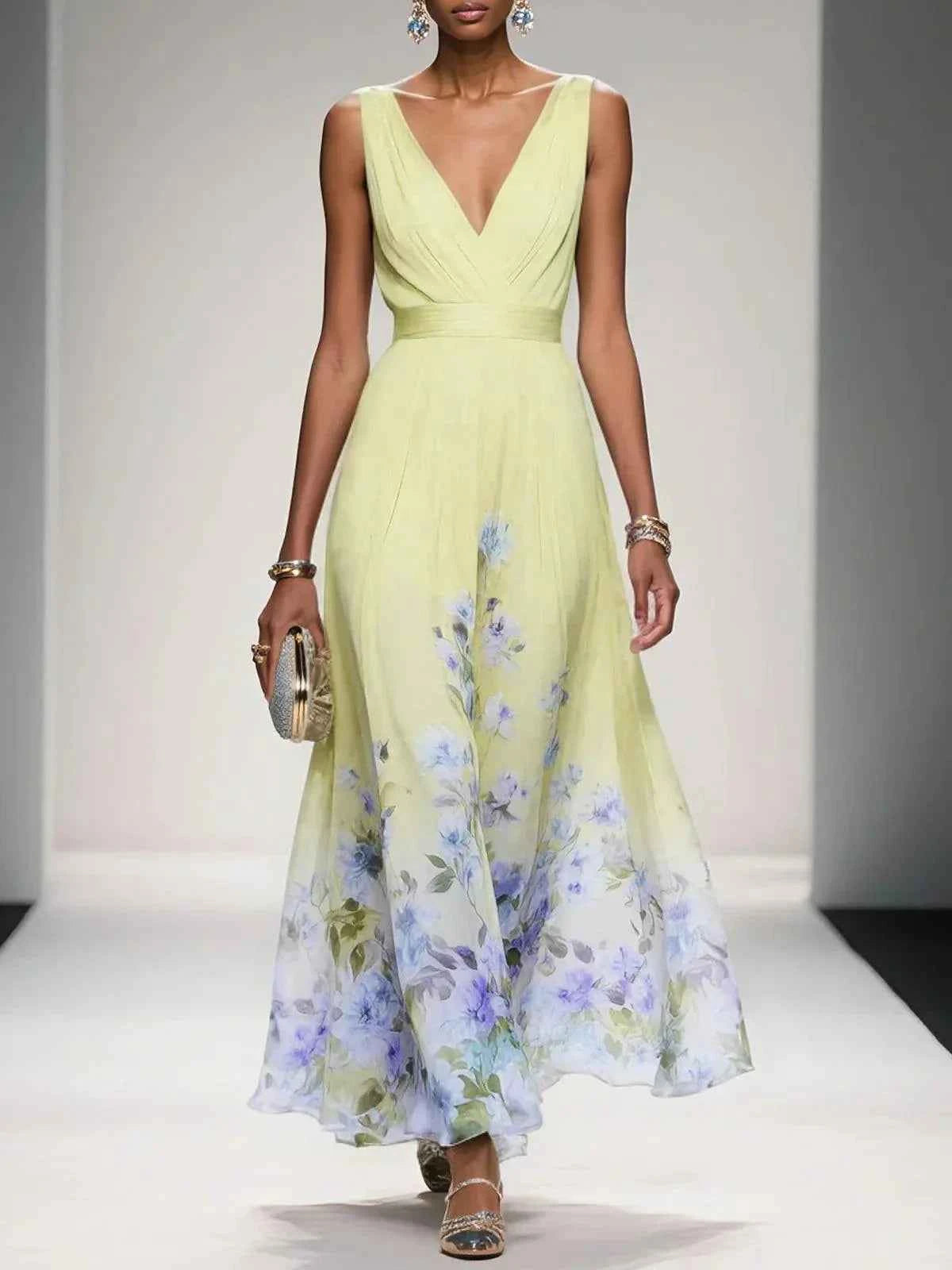Elegantes hellblaues geblümtes Chiffon-Maxikleid mit V-Ausschnitt, ärmellos, A-Linie