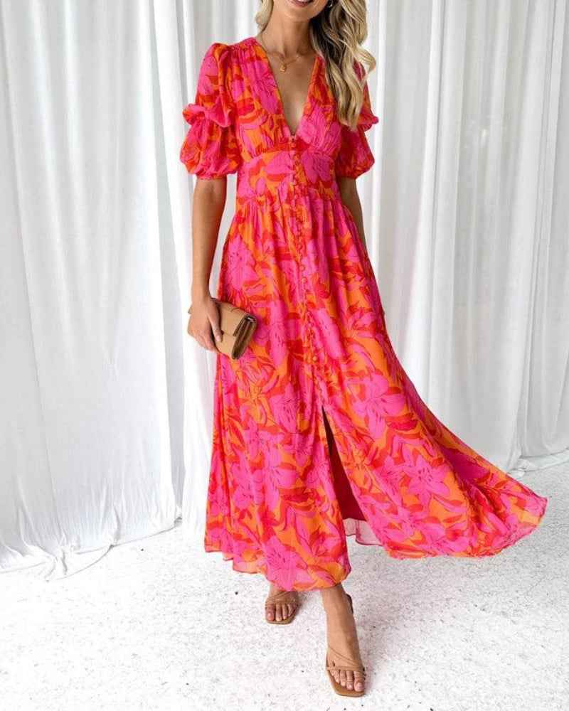 Derana™ - Rot-Rosa Maxi-Kleid