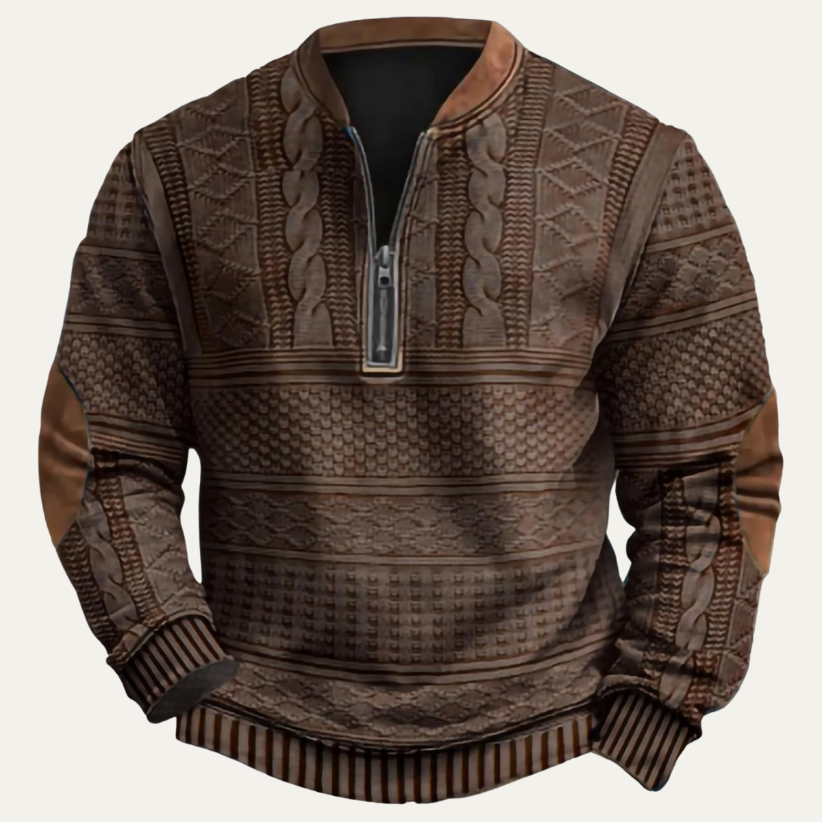 Siena Herrenpullover mit Halbreißverschluss, gemustert, mit Ellbogen-Patches