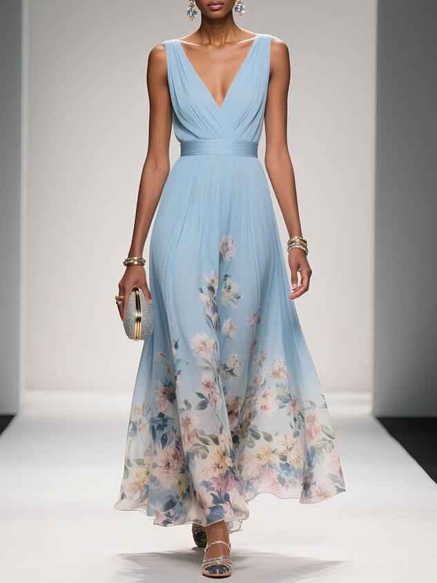 Elegantes hellblaues geblümtes Chiffon-Maxikleid mit V-Ausschnitt, ärmellos, A-Linie