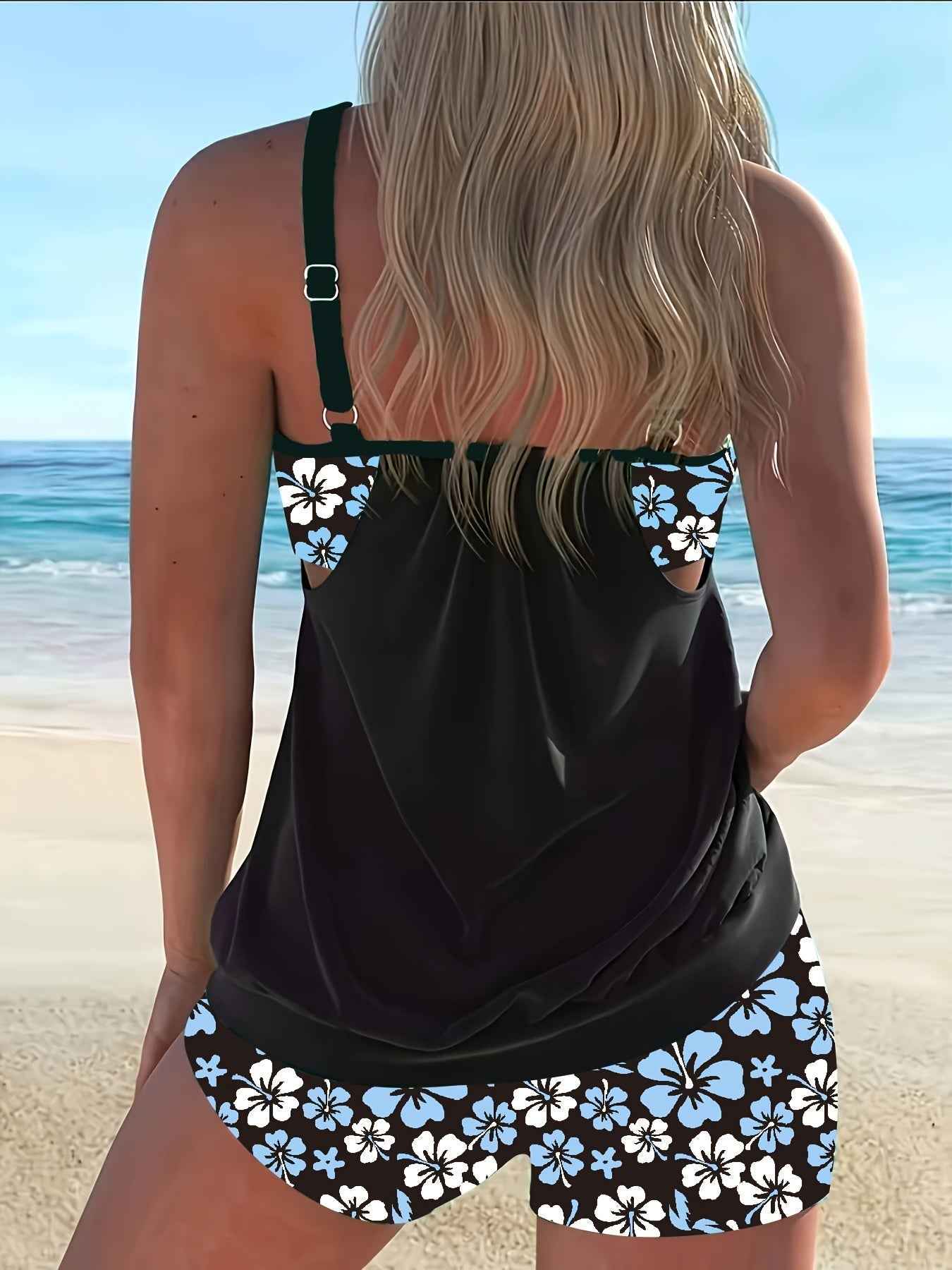 Isabella Tankini-Set mit blauem Blumenmuster – elegantes zweiteiliges Strand-Badeoutfit