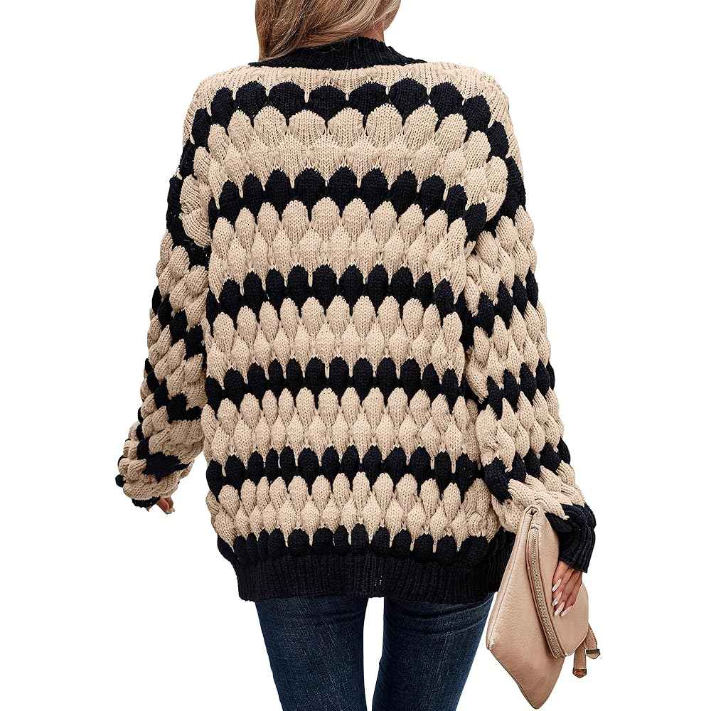 Damen-gestreifter Cardigan mit Laternenärmeln und offener Front