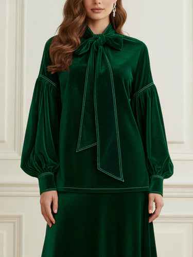 Green velvet puff sleeve bow top and skirt set