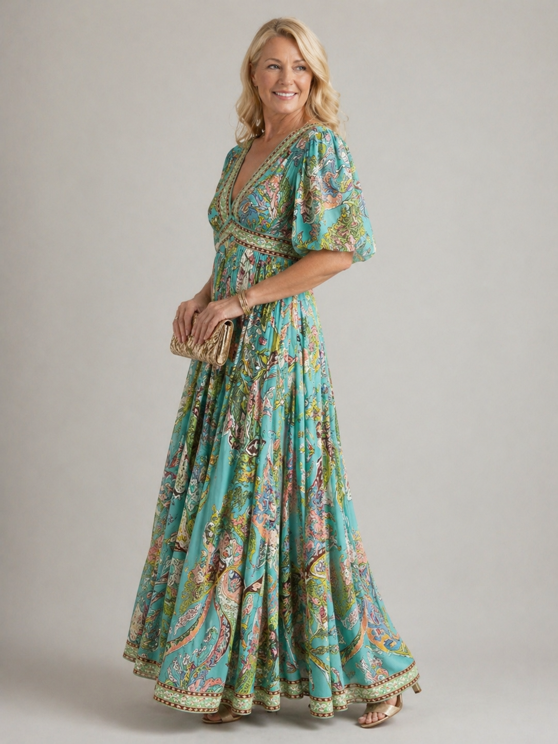 Lina & Emma™ | Luftiges Maxikleid mit Puffärmeln und V-Ausschnitt