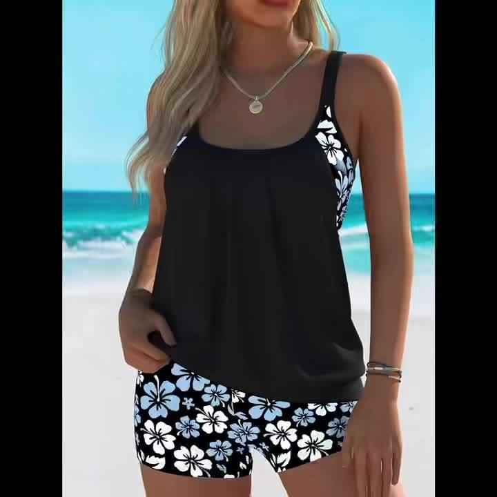 Isabella Tankini-Set mit blauem Blumenmuster – elegantes zweiteiliges Strand-Badeoutfit