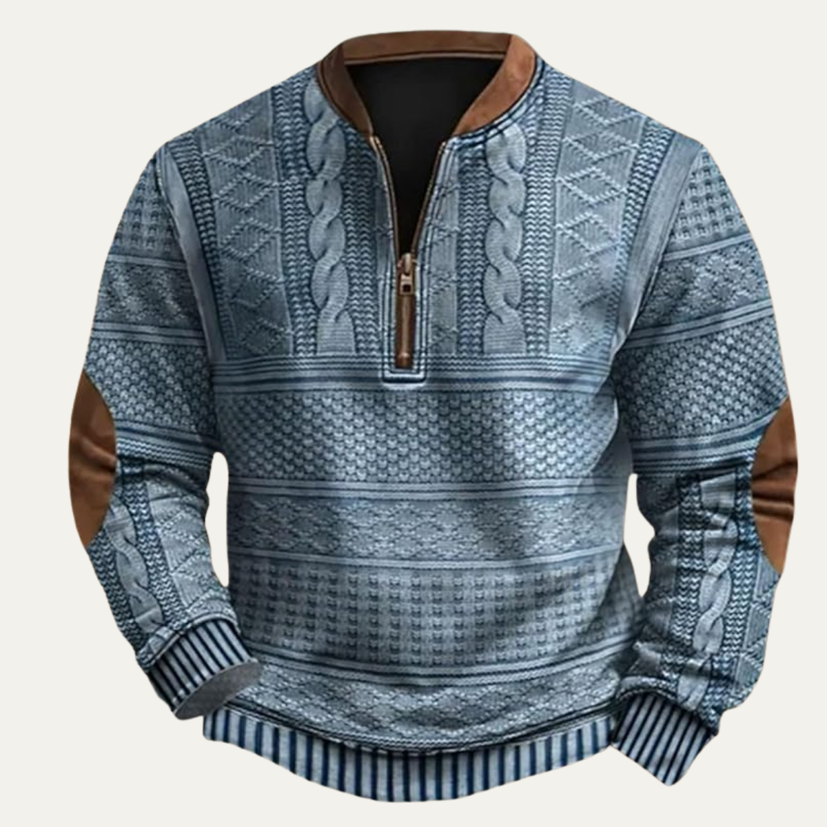 Siena Herrenpullover mit Halbreißverschluss, gemustert, mit Ellbogen-Patches