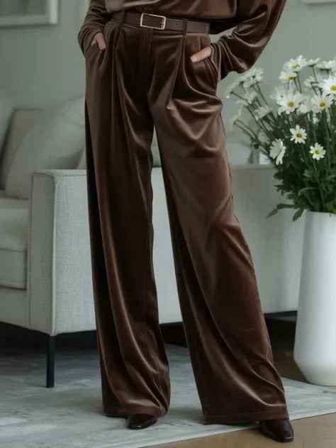Coffee velvet turtleneck top and trousers set (including belt)
