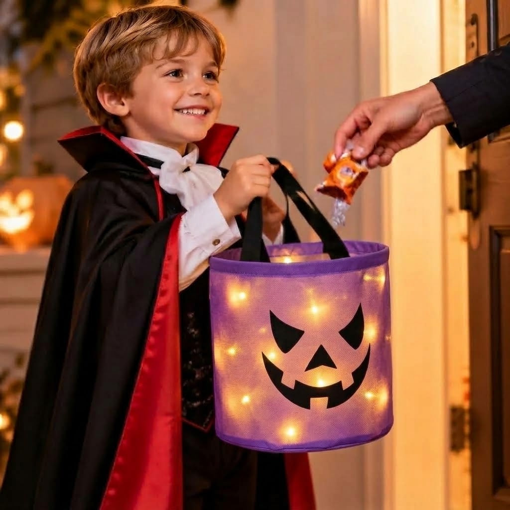 LED-Kürbis-Süßigkeitenkorb mit Griff für Halloween