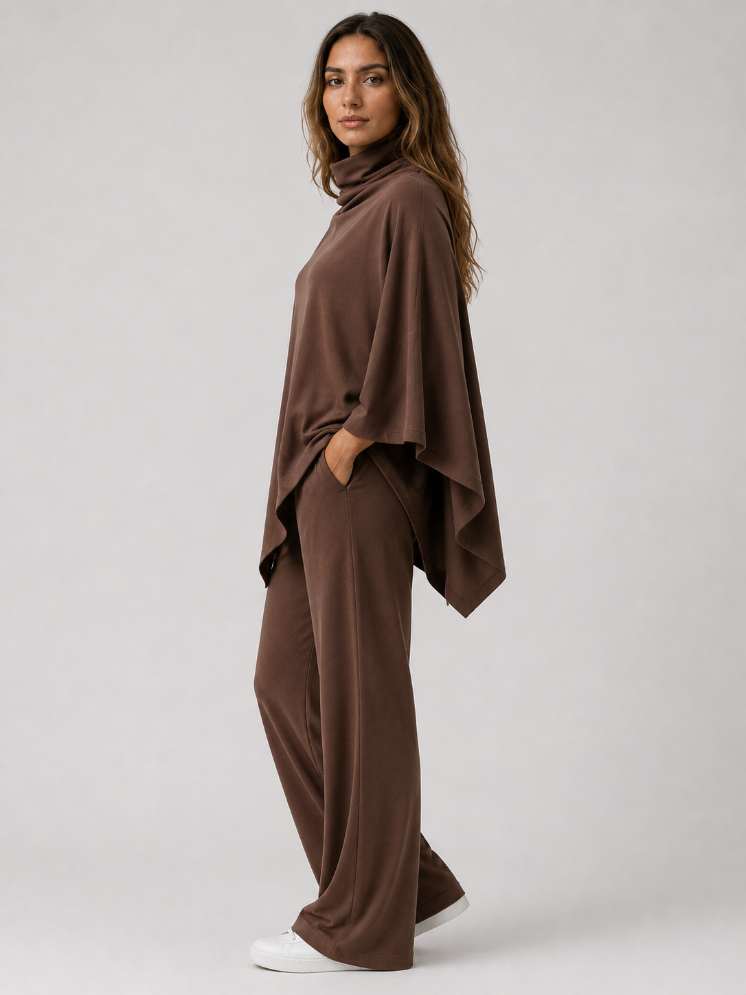 Alyris Damen's Two-Piece Poncho Set – Cowl Neck Top & Straight-Leg Hose