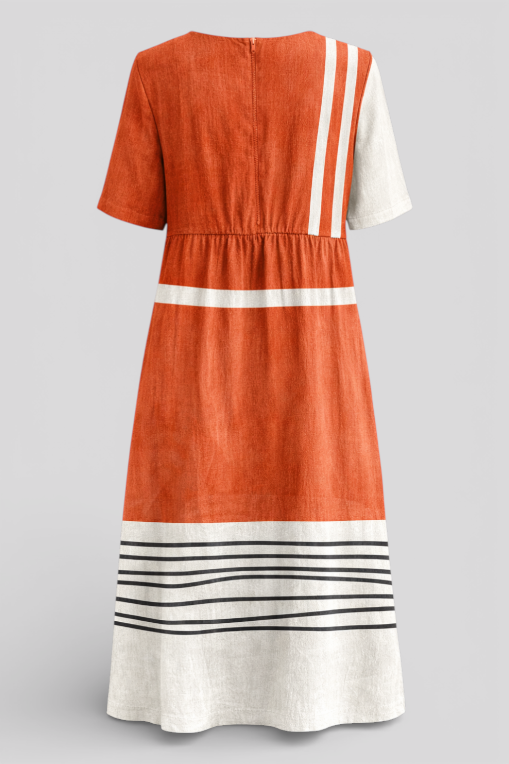 Elegantes terrakottakleid mit stilvollen grafischen Streifen Damen
