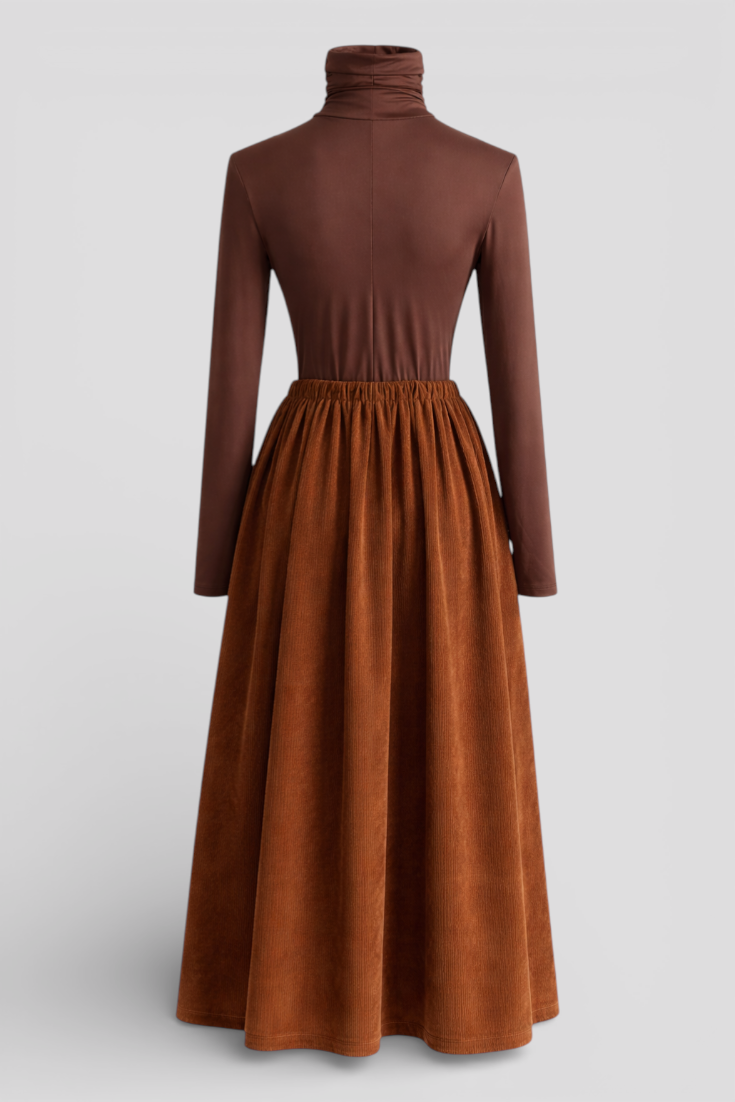 Dunkelbraunes Rollkragenoberteil und Cordrock-Set – Elegantes und gemütliches Ensemble